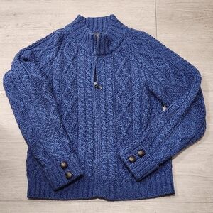 Old Money Women's Blue Cable Knit Sweater 100% Merino Wool,   Mended On Sleeve